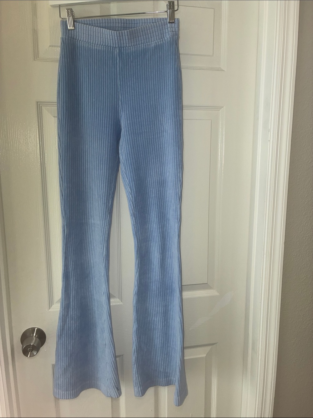 Light Blue Velvet Ribbed High-Rise Flare Pants for Women